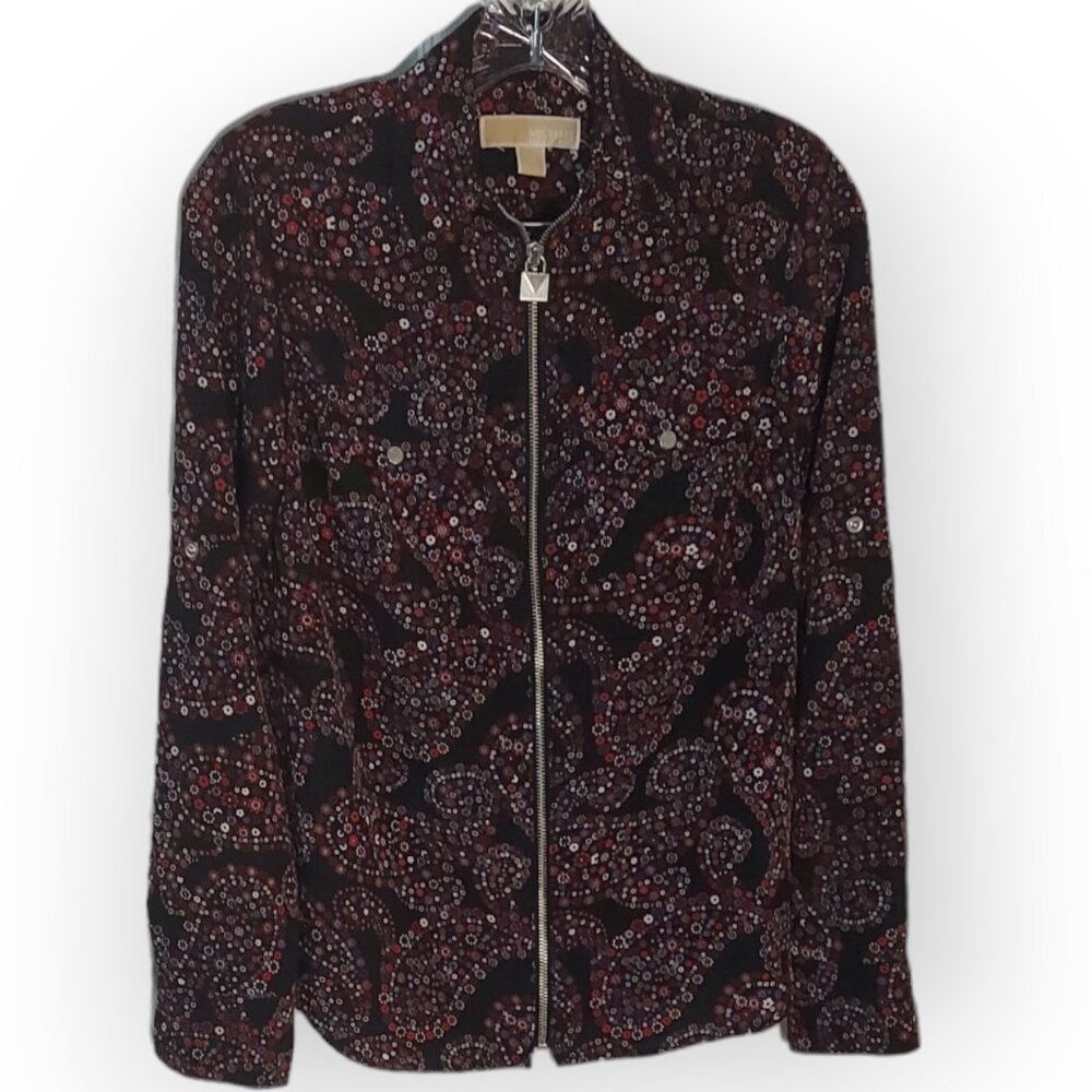 Michael Kors Floral Paisley-Print Zip-Up Top Sz XS Roll Tab Sleeve MK Black top
